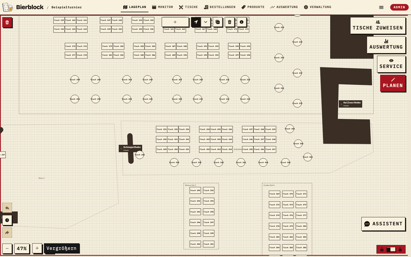 Bierblock-Lageplan am Desktop mit Raum, Stationen und Tischen im Überblick