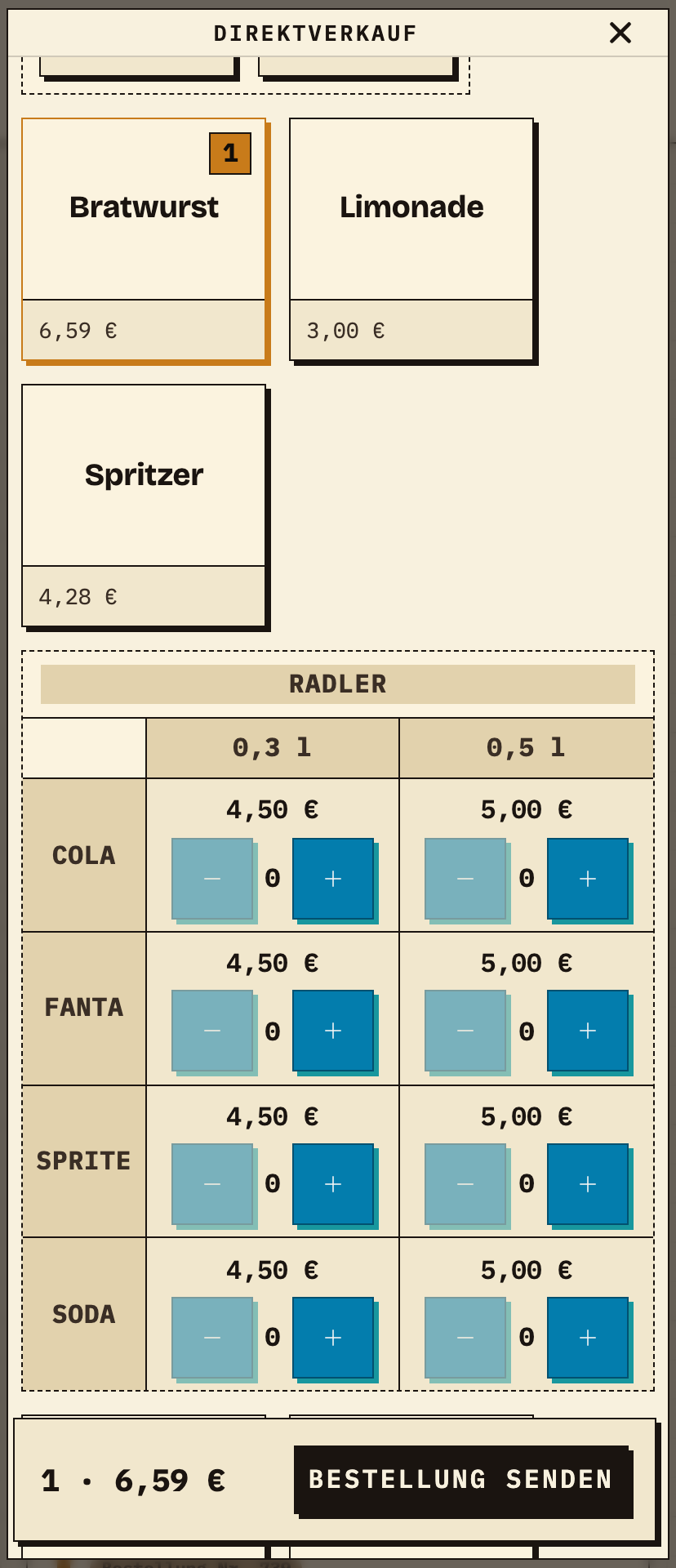 Bierblock-Bestellaufnahme auf dem Smartphone mit Produkten und Mengenauswahl